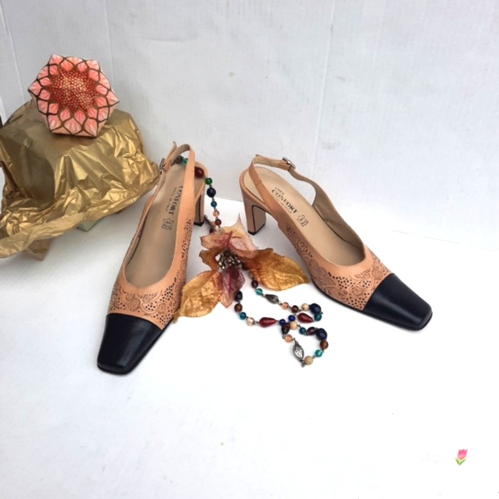 LINEA CONFORT Italian Leather 2 Tone, Slingback Heels